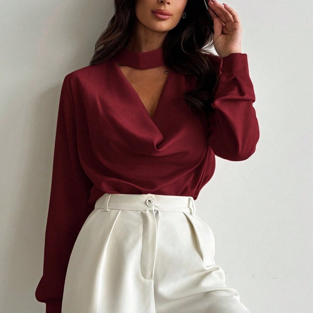 Burgundy Minimalist Women's 0vowl neck Long Sleeve Shirt